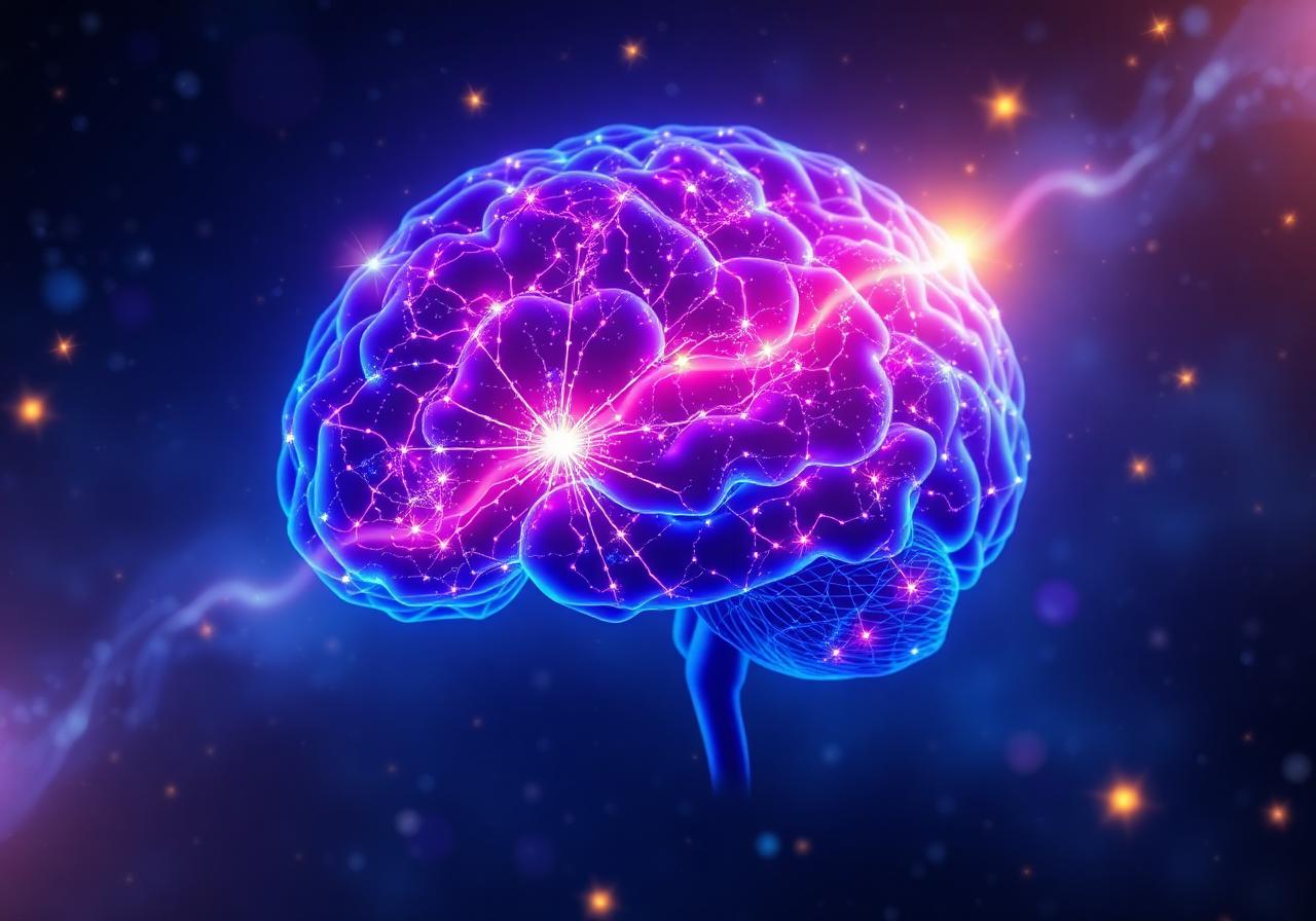 Illustration of a glowing human brain with active neural connections