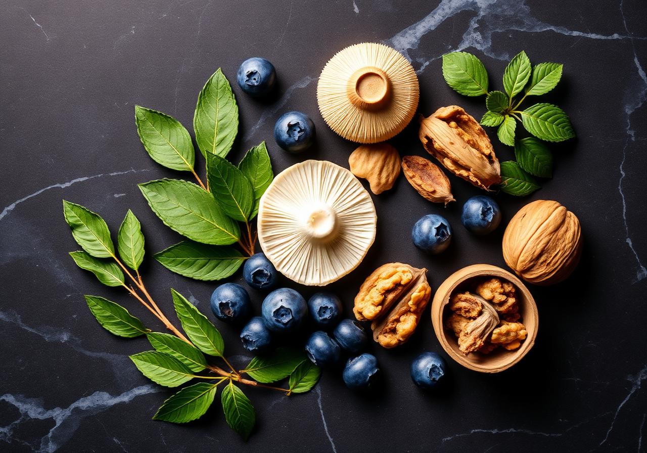 Natural nootropic ingredients including bacopa, lion's mane mushroom, and blueberries