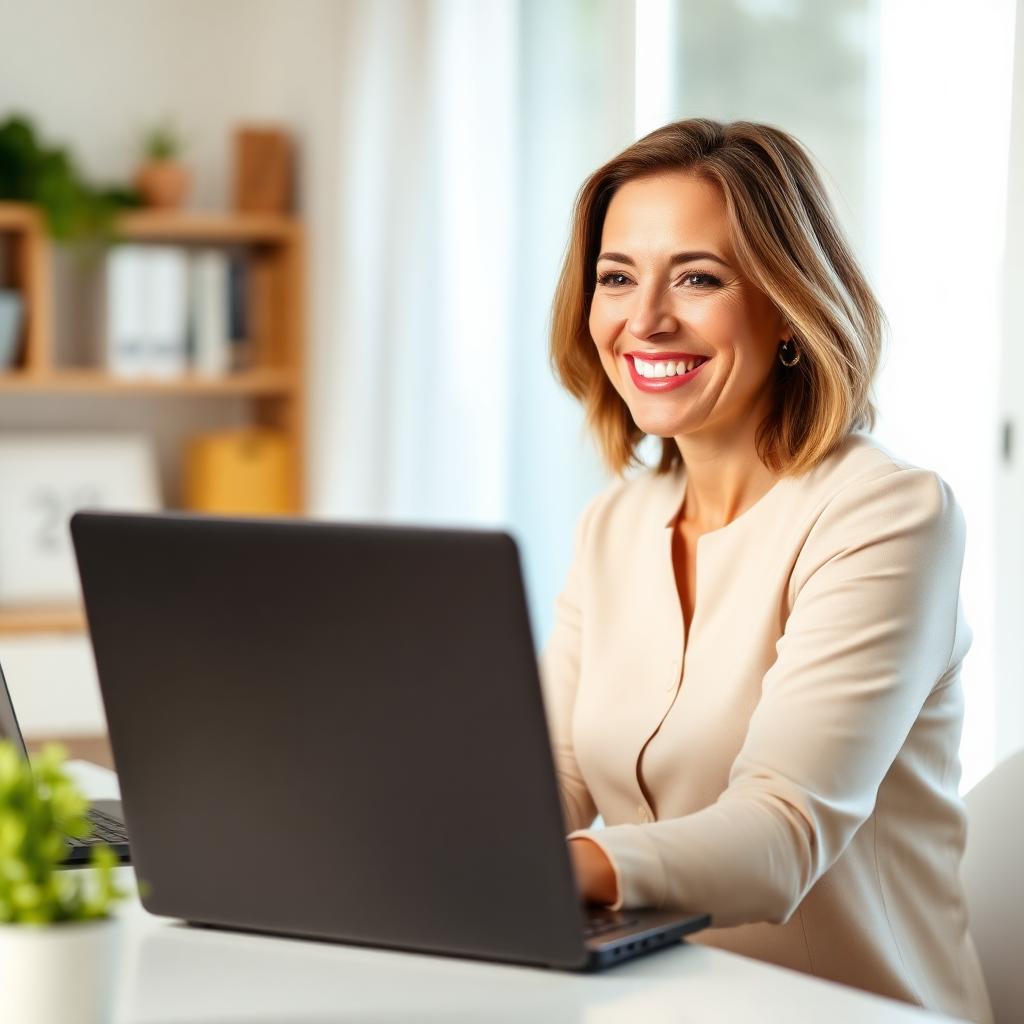 Focused woman working productively at her laptop in a bright home office