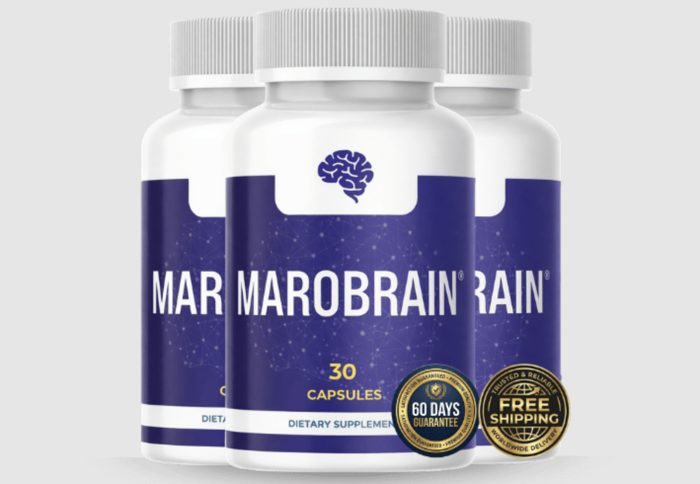 Three Marobrain dietary supplement bottles, 30 capsules each