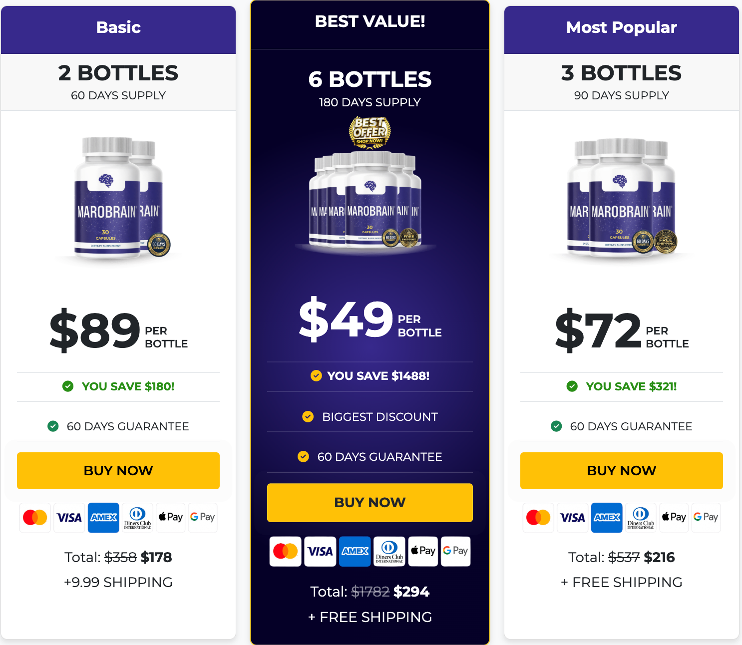 Marobrain pricing table: 2 bottles $89, 6 bottles $49, 3 bottles $72
